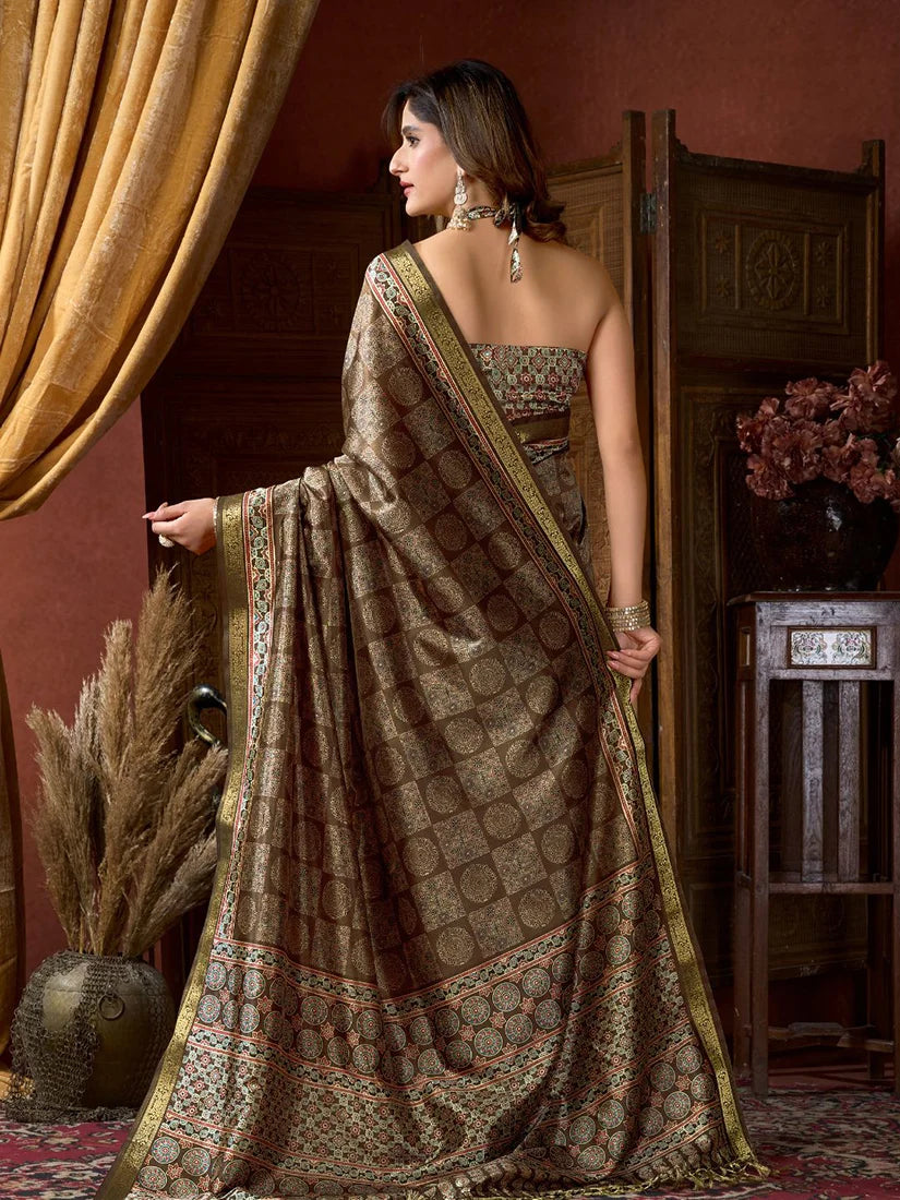 Brown Crepe Saree with Printed Medallion Pallu, back
