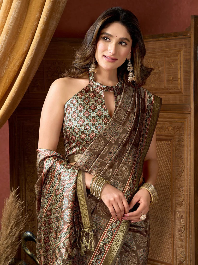 Brown Crepe Saree with Printed Medallion Pallu, blouse and pallu close-up