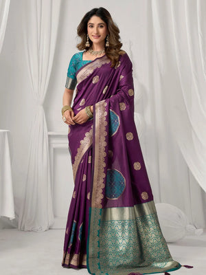 Purple Banarasi-Style Silk Blend Saree with Zari Pallu