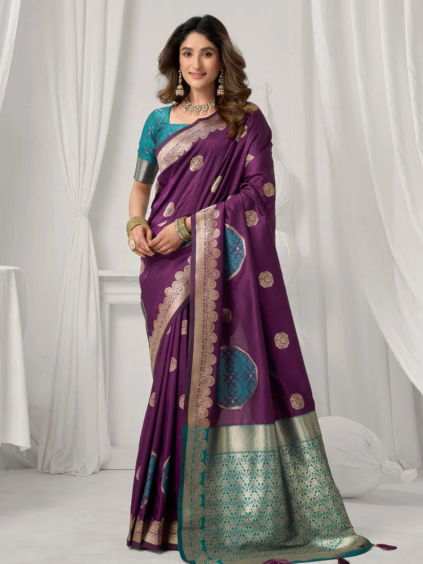 Purple Banarasi-Style Silk Blend Saree with Zari Pallu, front