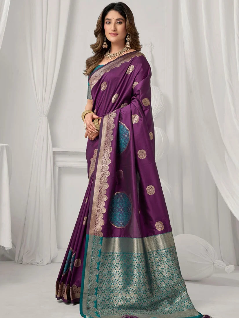Purple Banarasi-Style Silk Blend Saree with Zari Pallu, side