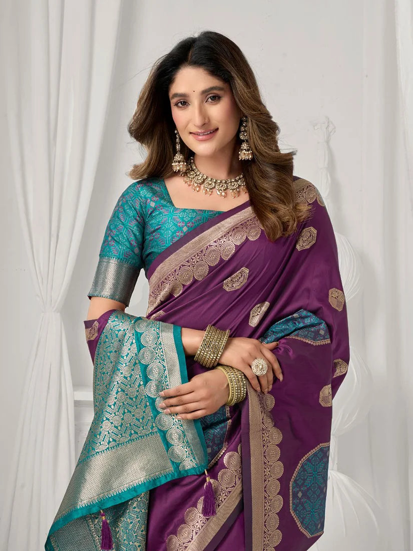 Purple Banarasi-Style Silk Blend Saree with Zari Pallu, blouse and pallu close-up