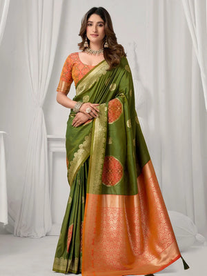Mehendi Green Banarasi-Style Silk Blend Saree with Zari Pallu