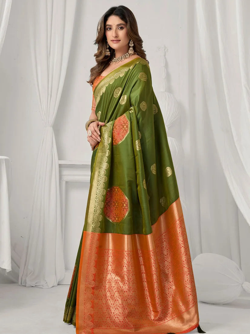 Mehendi Green Banarasi-Style Silk Blend Saree with Zari Pallu, side