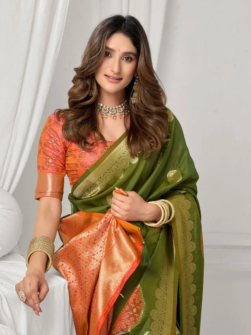 Mehendi Green Banarasi-Style Silk Blend Saree with Zari Pallu, blouse and pallu close-up