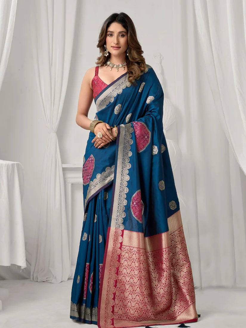 Navy Blue Banarasi-Style Silk Blend Saree with Zari Pallu, front