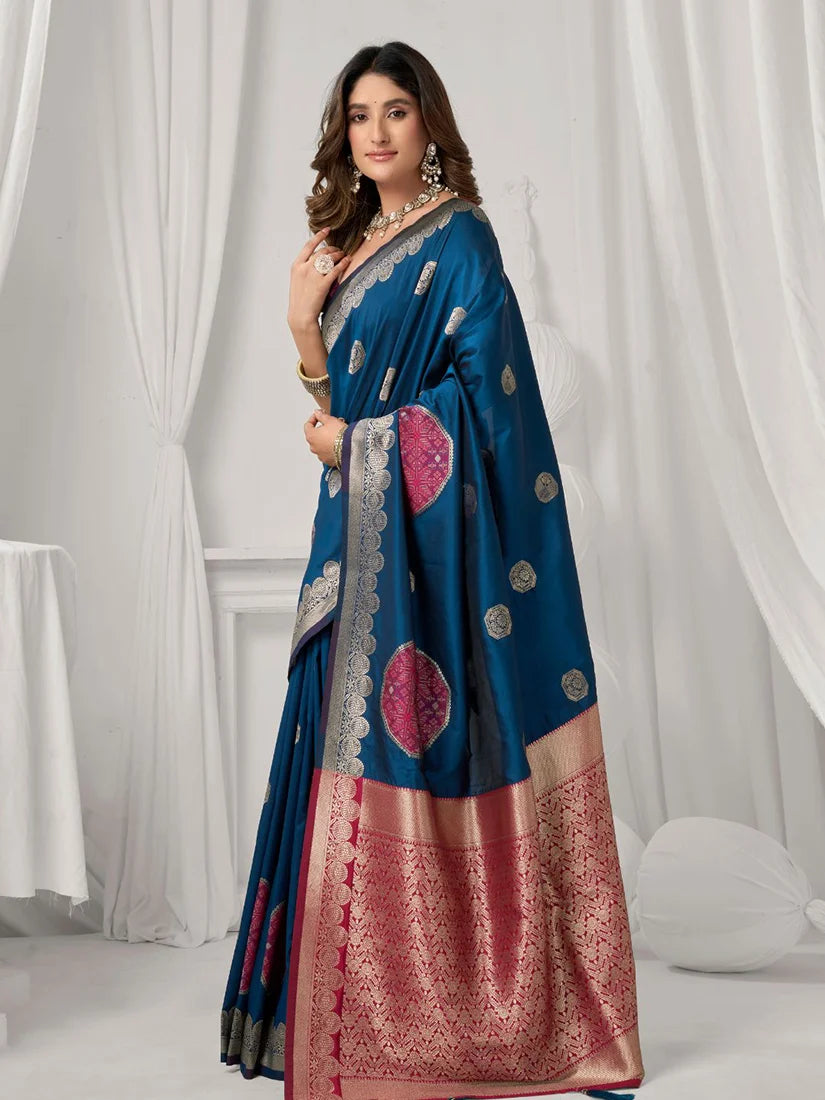 Navy Blue Banarasi-Style Silk Blend Saree with Zari Pallu, side