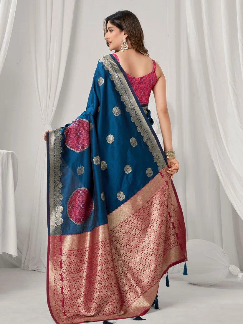Navy Blue Banarasi-Style Silk Blend Saree with Zari Pallu, back
