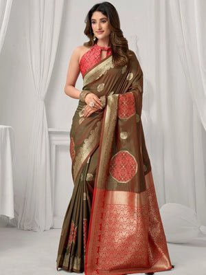 Brown Banarasi-Style Silk Blend Saree with Zari Pallu