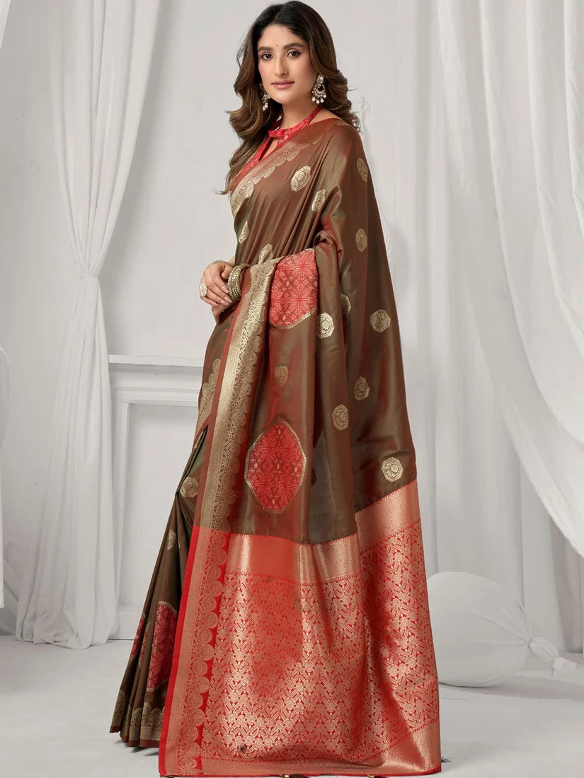 Brown Banarasi-Style Silk Blend Saree with Zari Pallu, side