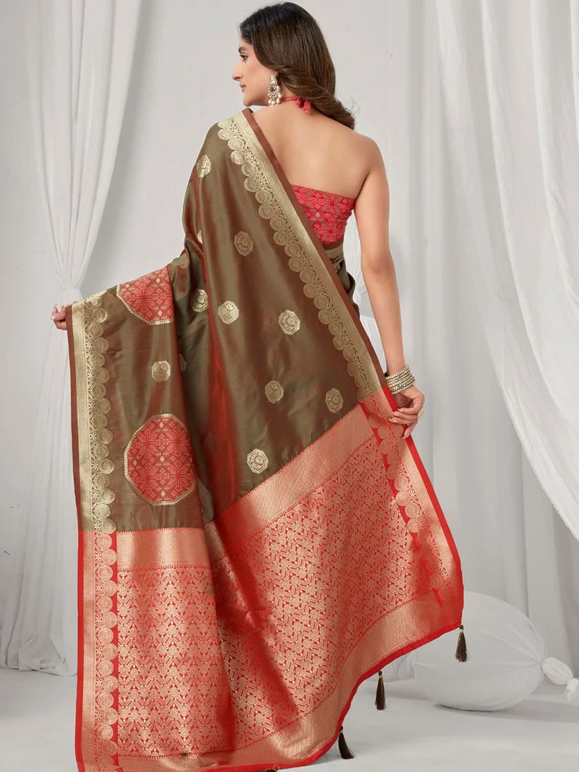 Brown Banarasi-Style Silk Blend Saree with Zari Pallu, back