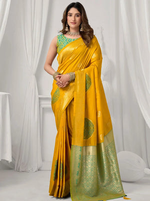 Mustard Banarasi-Style Silk Blend Saree with Zari Pallu