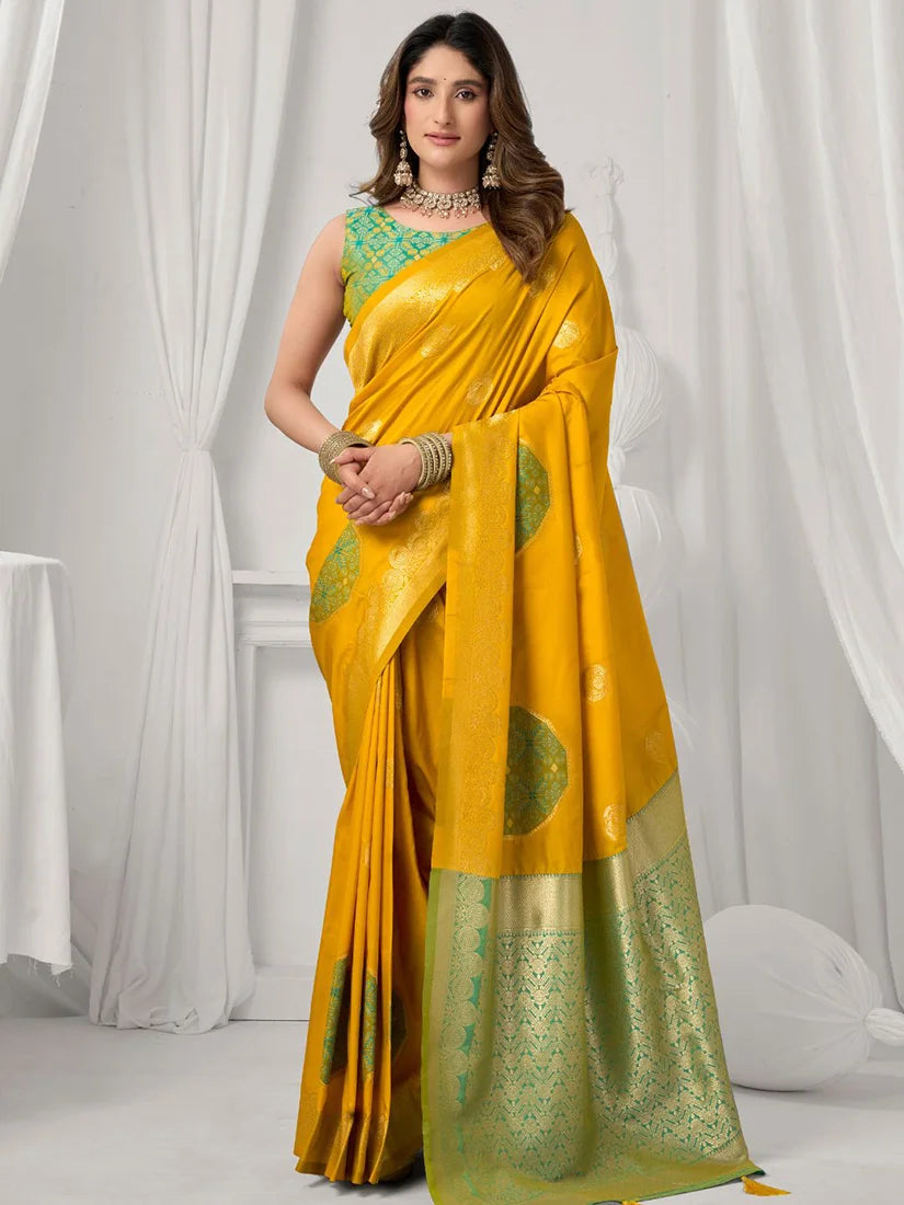 Mustard Banarasi-Style Silk Blend Saree with Zari Pallu, front
