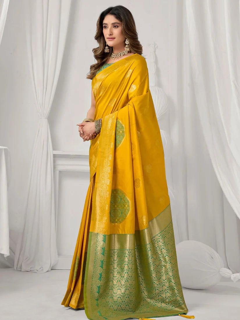 Mustard Banarasi-Style Silk Blend Saree with Zari Pallu, side