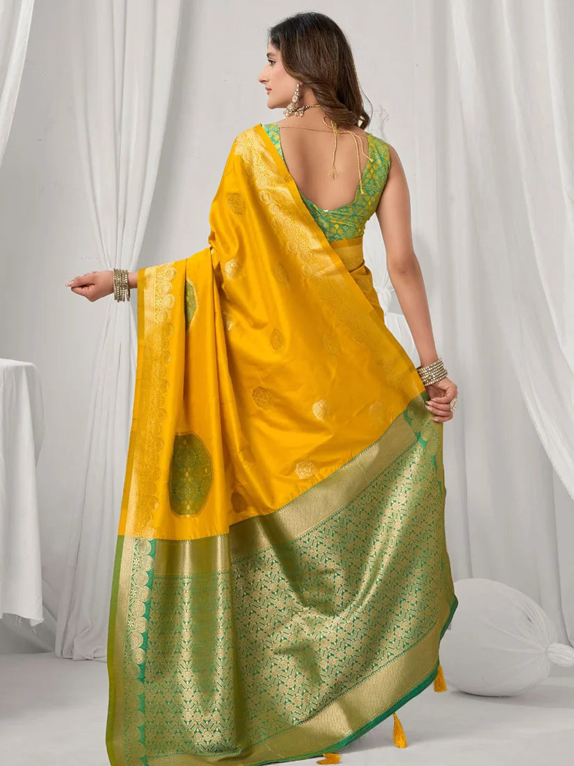 Mustard Banarasi-Style Silk Blend Saree with Zari Pallu, back