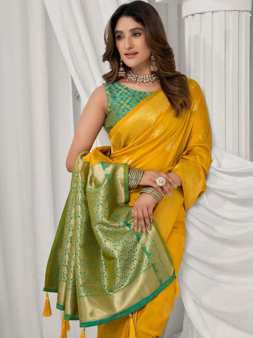Mustard Banarasi-Style Silk Blend Saree with Zari Pallu, blouse and pallu close-up
