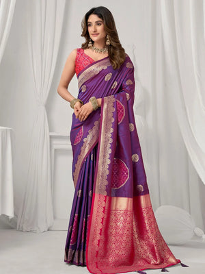 Violet Banarasi-Style Silk Blend Saree with Zari Pallu