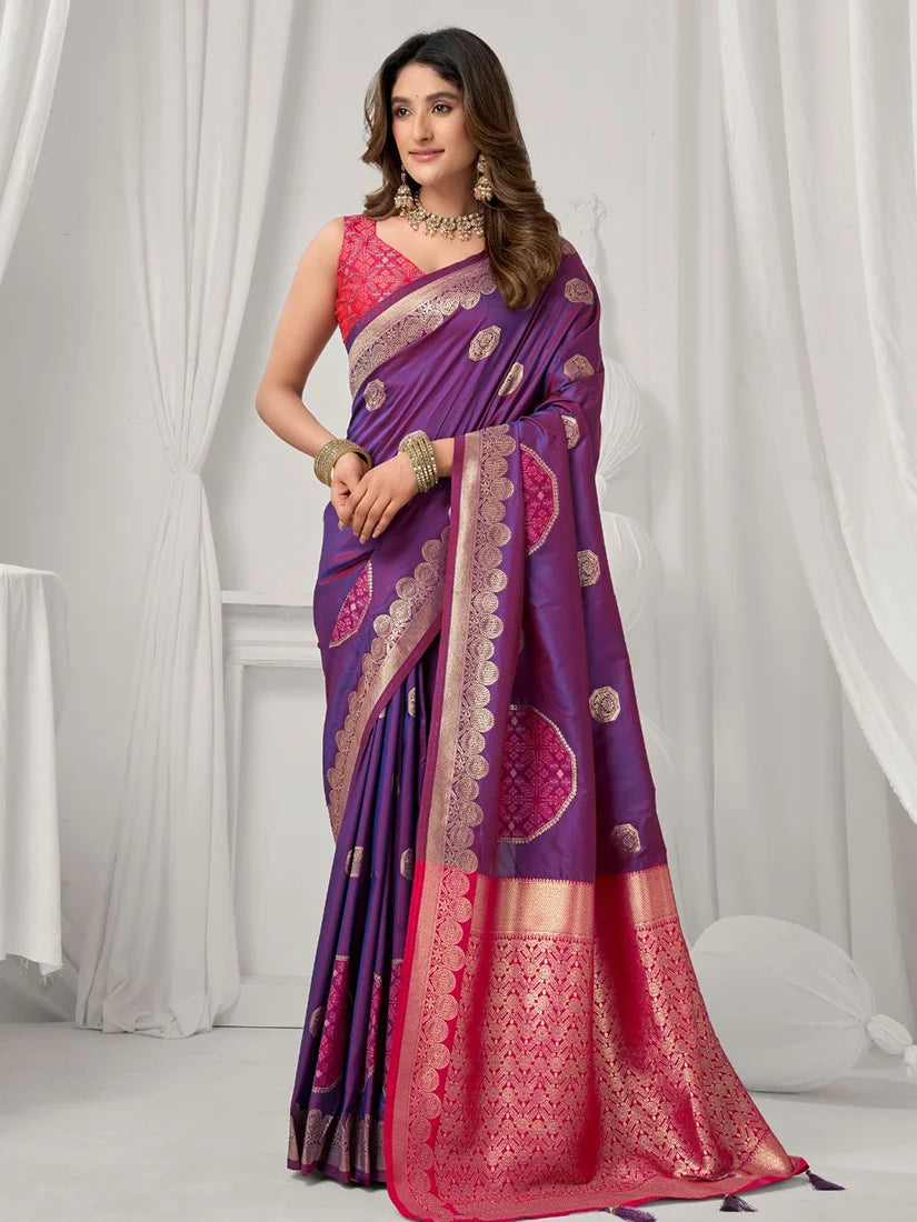 Violet Banarasi-Style Silk Blend Saree with Zari Pallu, front