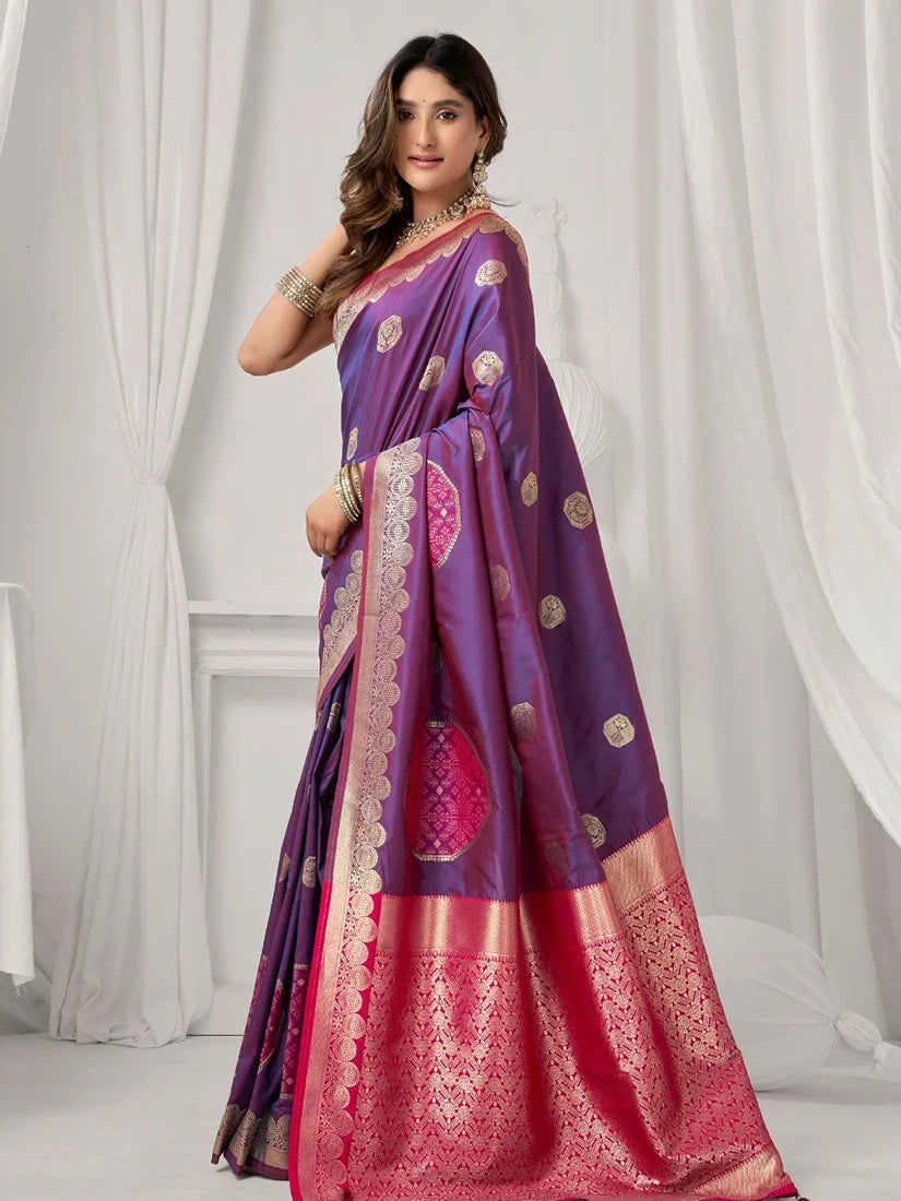 Violet Banarasi-Style Silk Blend Saree with Zari Pallu, side