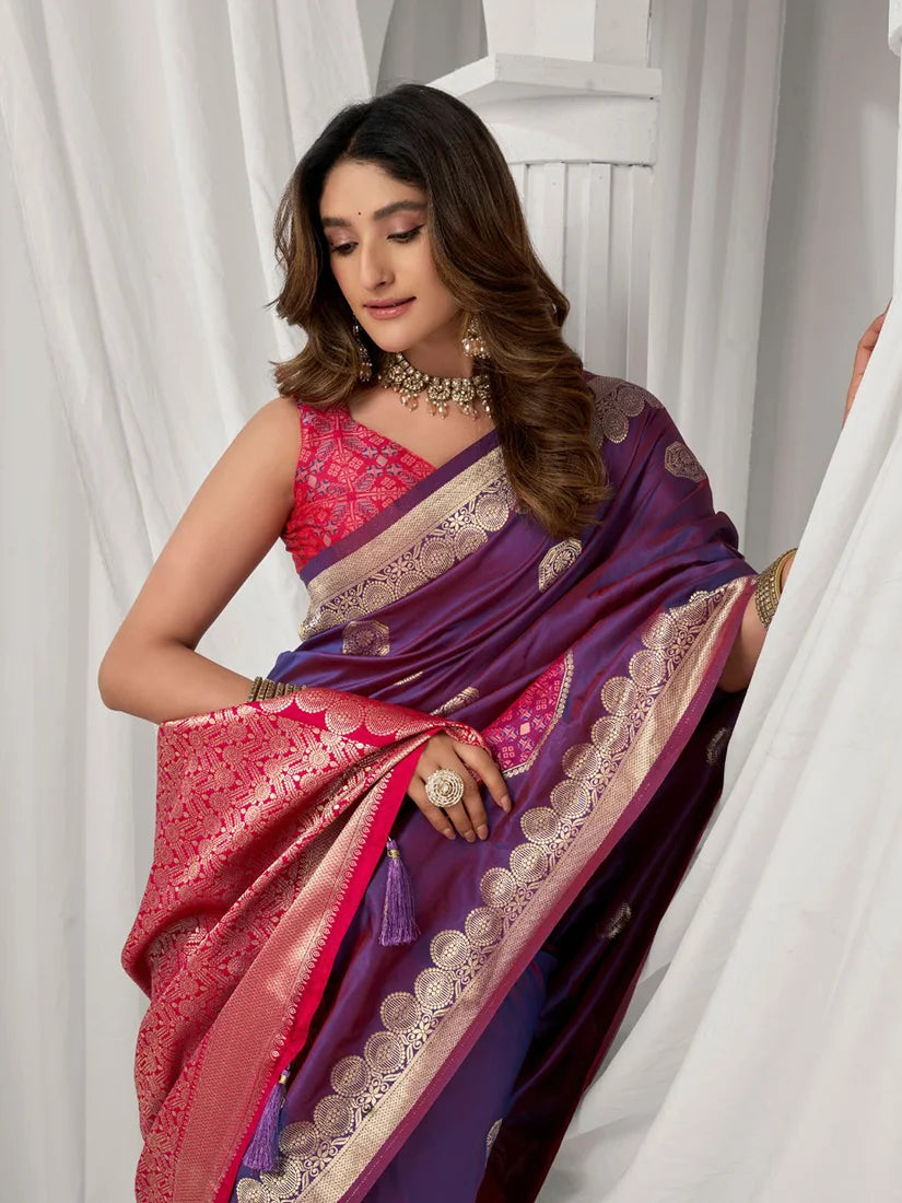 Violet Banarasi-Style Silk Blend Saree with Zari Pallu, blouse and pallu close-up