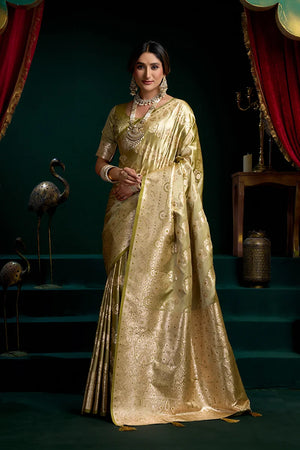 Green Banarasi-Style Satin Saree with All-Over Zari Weave