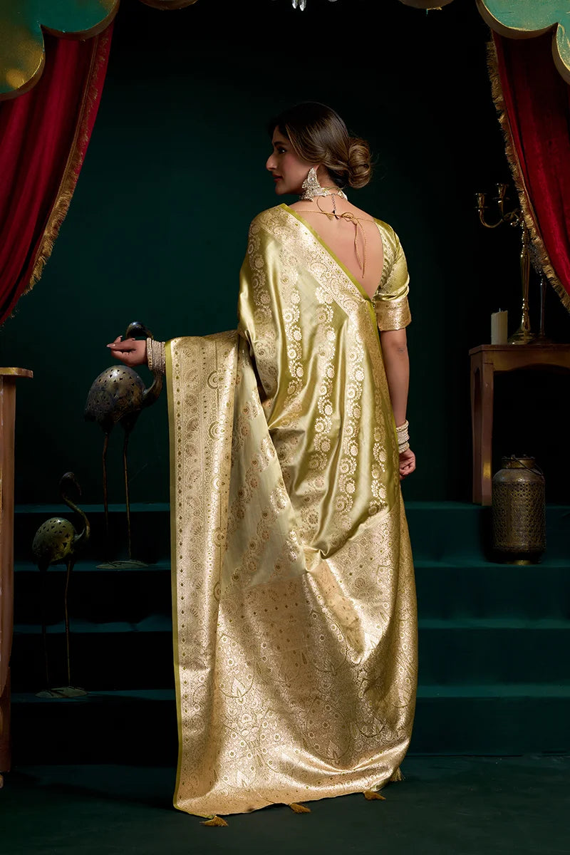 Green Banarasi-Style Satin Saree with All-Over Zari Weave, back