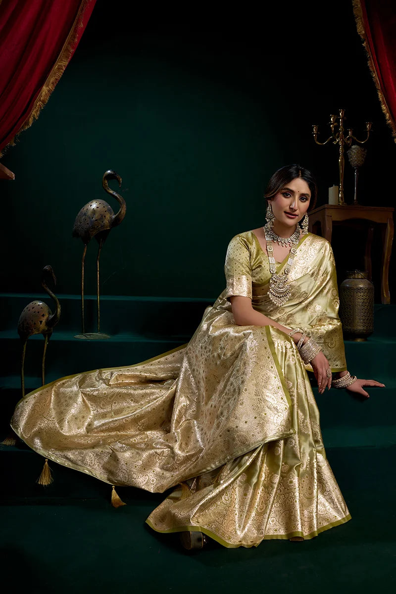 Green Banarasi-Style Satin Saree with All-Over Zari Weave, blouse and pallu close-up