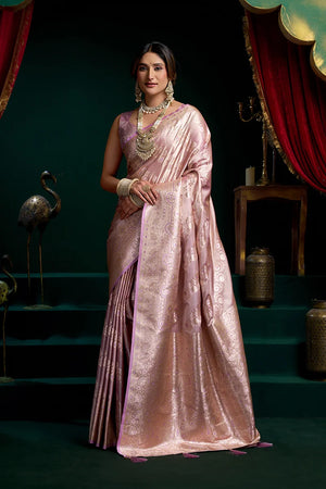 Lavender Banarasi-Style Satin Saree with All-Over Zari Weave