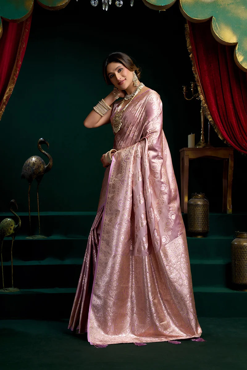Lavender Banarasi-Style Satin Saree with All-Over Zari Weave, side