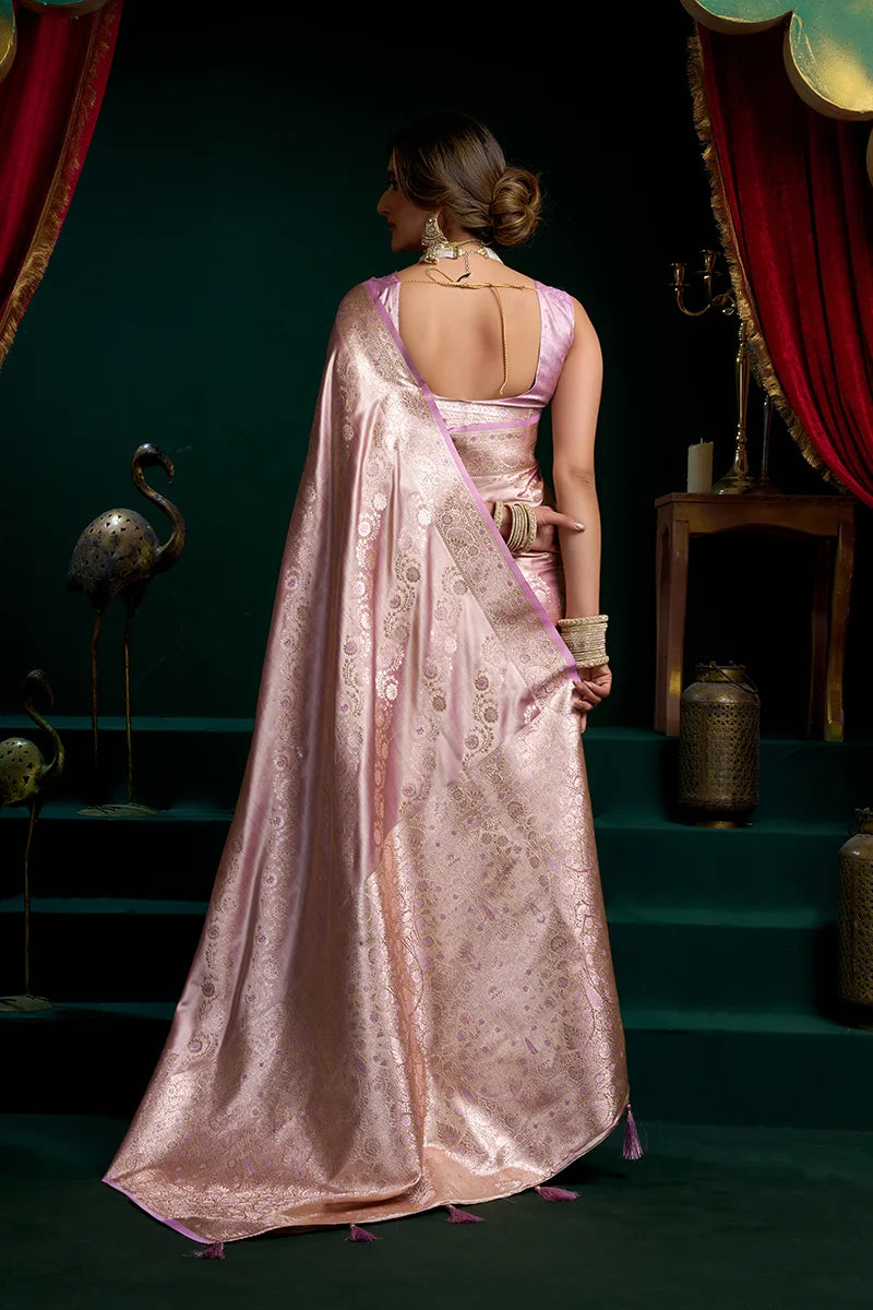 Lavender Banarasi-Style Satin Saree with All-Over Zari Weave, back