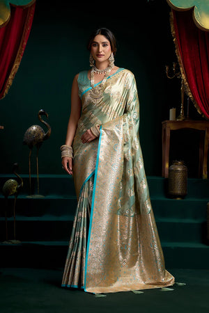 Sea Green Banarasi-Style Satin Saree with All-Over Zari Weave