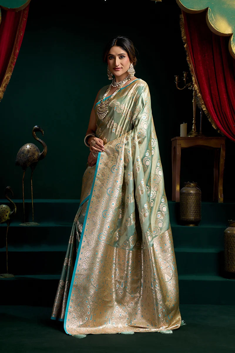 Sea Green Banarasi-Style Satin Saree with All-Over Zari Weave, side