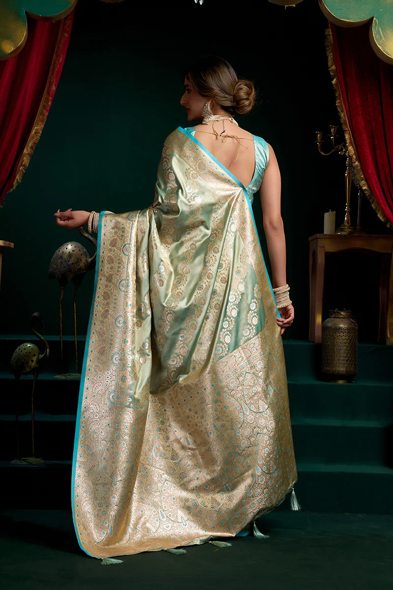 Sea Green Banarasi-Style Satin Saree with All-Over Zari Weave, back