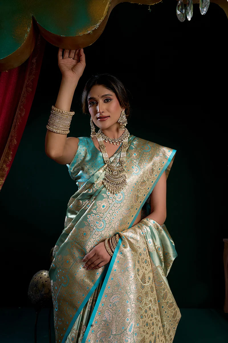 Sea Green Banarasi-Style Satin Saree with All-Over Zari Weave, blouse and pallu close-up
