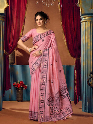 Pink Warli-Style Cotton Blend Saree with Tree Motif Pallu