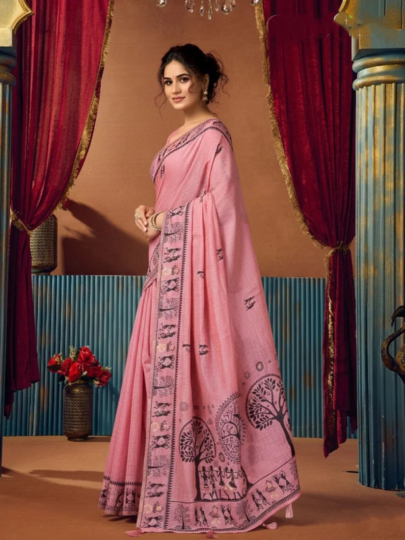 Pink Warli-Style Cotton Blend Saree with Tree Motif Pallu, side