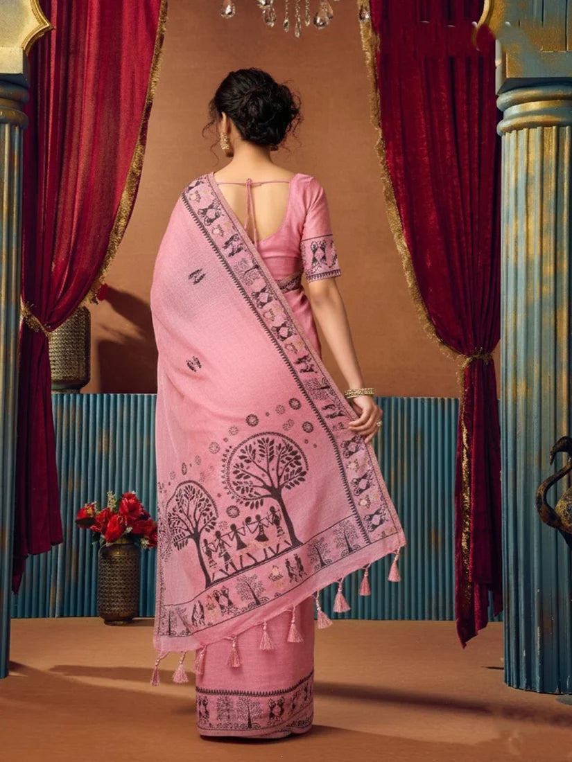 Pink Warli-Style Cotton Blend Saree with Tree Motif Pallu, back