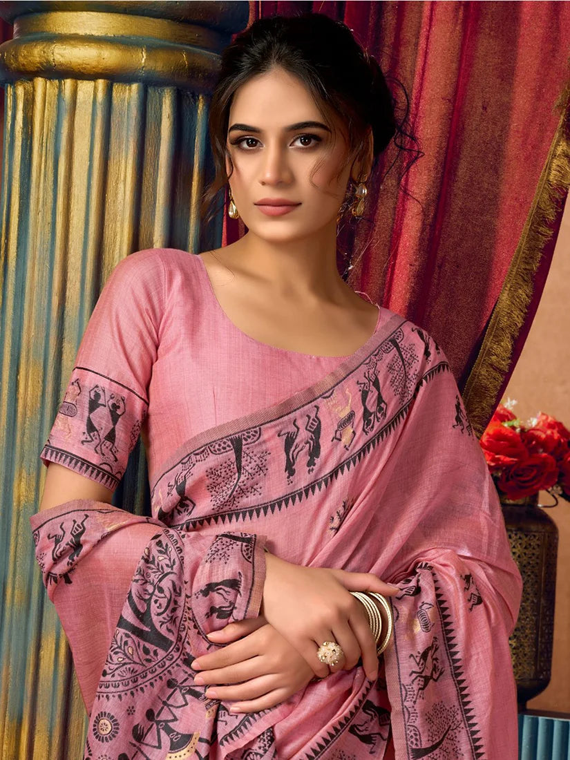 Pink Warli-Style Cotton Blend Saree with Tree Motif Pallu, blouse and pallu close-up