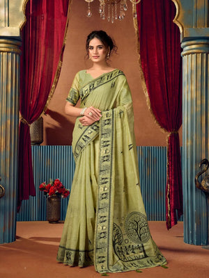 Light Green Warli-Style Cotton Blend Saree with Tree Motif Pallu