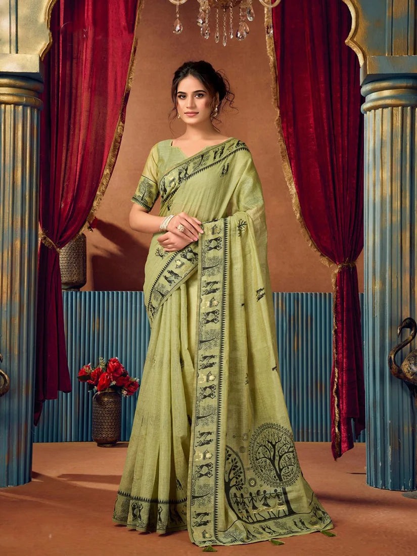 Light Green Warli-Style Cotton Blend Saree with Tree Motif Pallu, front