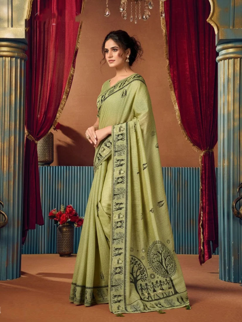Light Green Warli-Style Cotton Blend Saree with Tree Motif Pallu, side