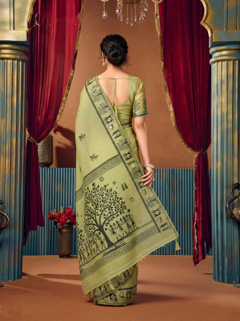 Light Green Warli-Style Cotton Blend Saree with Tree Motif Pallu, back