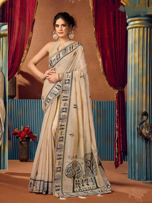 Beige Warli-Style Cotton Blend Saree with Tree Motif Pallu