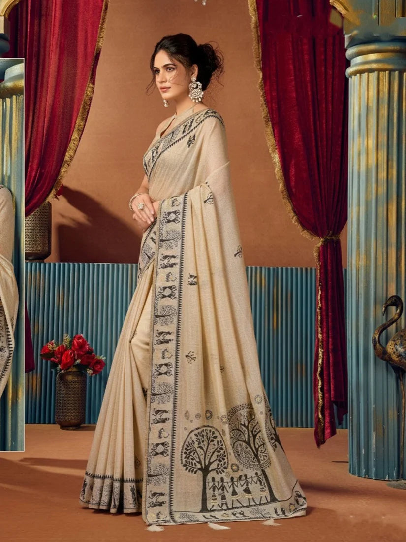 Beige Warli-Style Cotton Blend Saree with Tree Motif Pallu, side