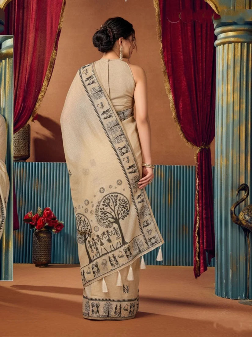 Beige Warli-Style Cotton Blend Saree with Tree Motif Pallu, back