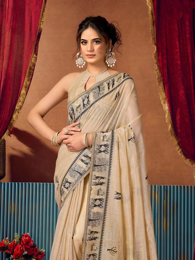 Beige Warli-Style Cotton Blend Saree with Tree Motif Pallu, blouse and pallu close-up