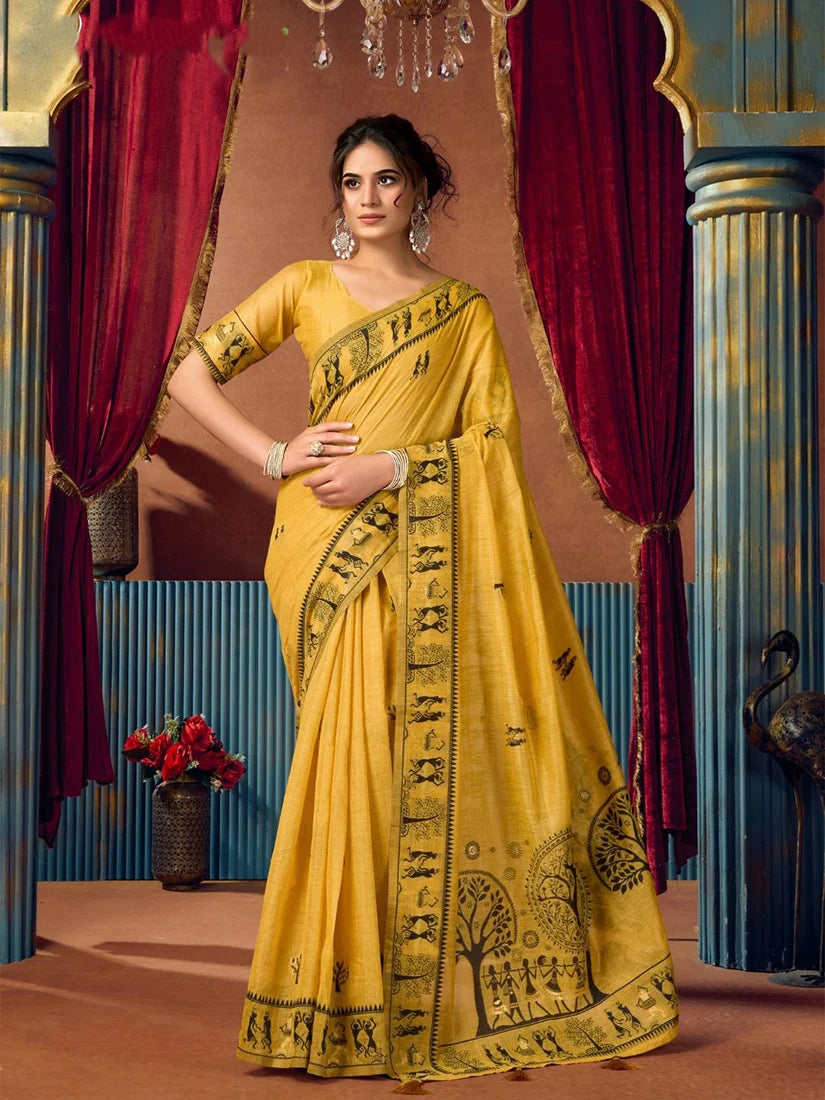 Mustard Warli-Style Cotton Blend Saree with Tree Motif Pallu, front