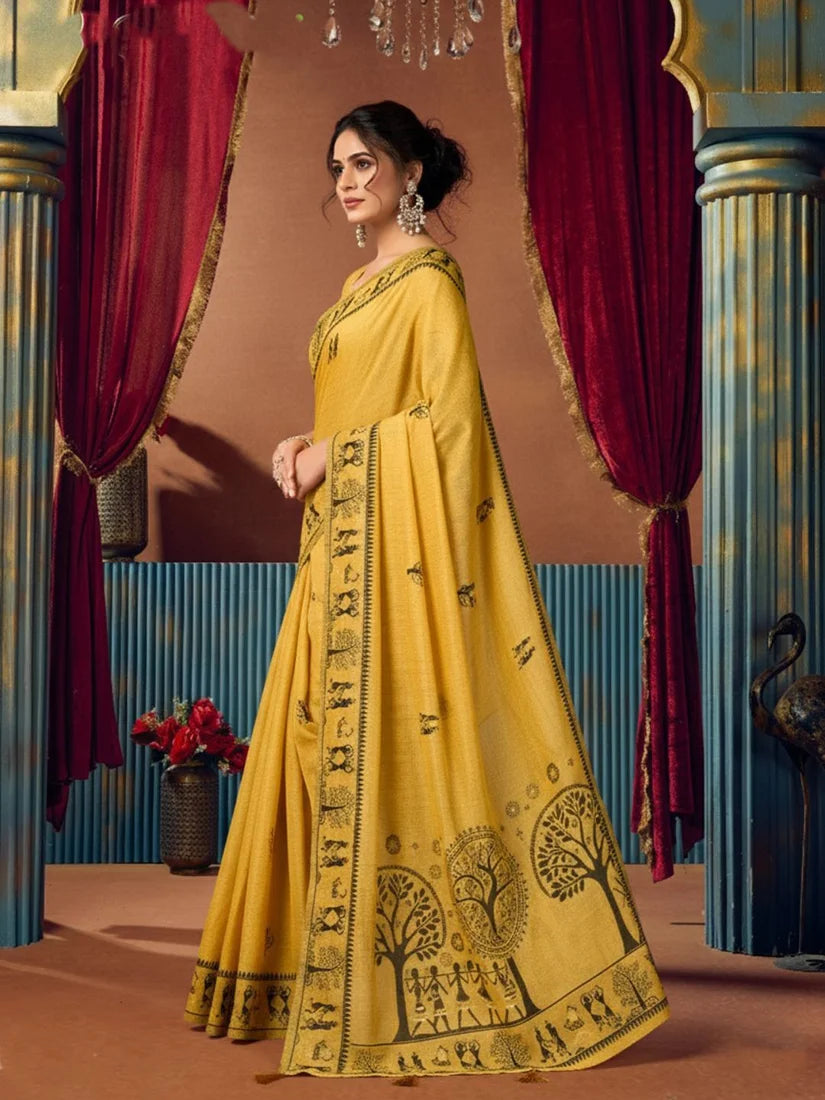 Mustard Warli-Style Cotton Blend Saree with Tree Motif Pallu, side