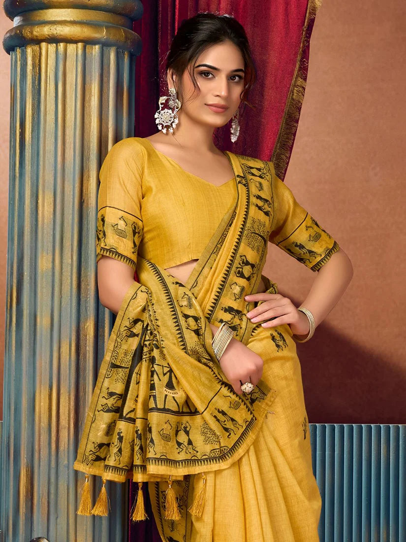Mustard Warli-Style Cotton Blend Saree with Tree Motif Pallu, blouse and pallu close-up
