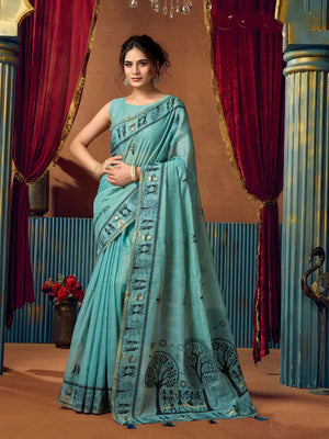 Aqua Blue Warli-Style Cotton Blend Saree with Tree Motif Pallu